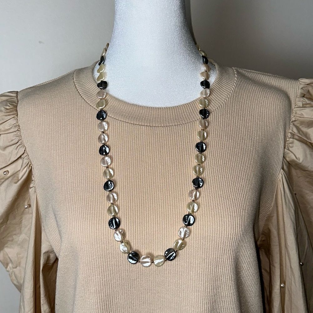 Cream Gray Amber Gold Tone Mother of Pearl Beaded Necklace